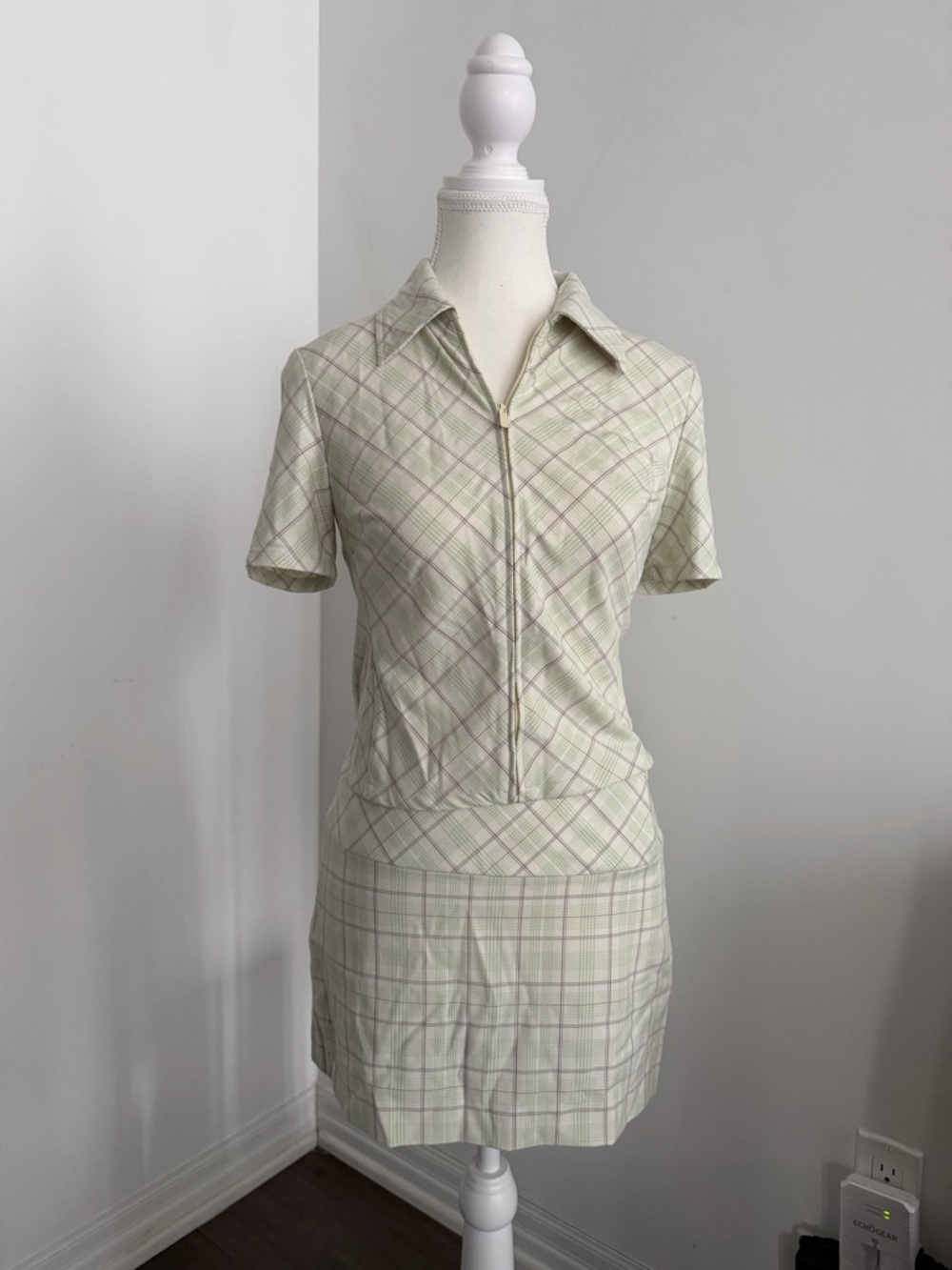 Aritzia Pale Green Plaid Mini Dress with Lavender Lines